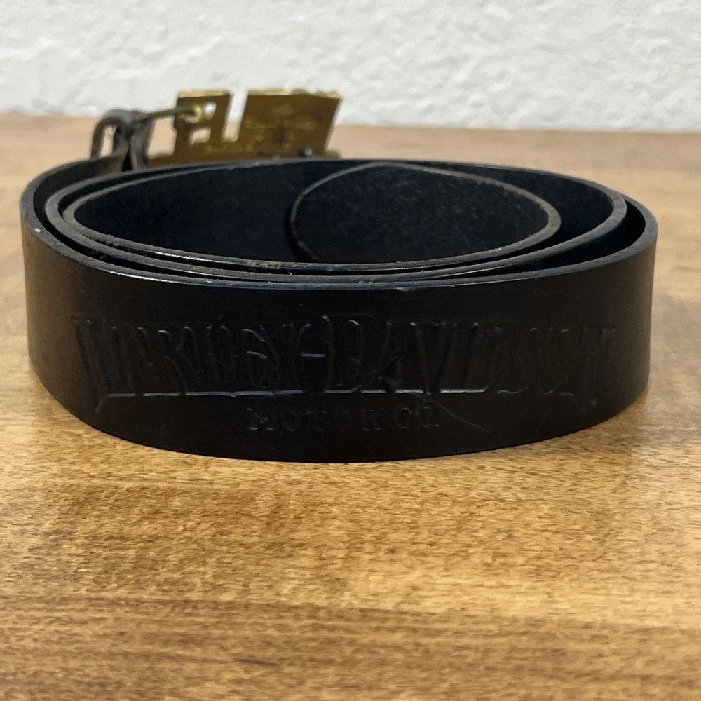 Vintage‎ Harley Davidson Black Belt & Brass Belt Buckle Size 42 Genuine Leather